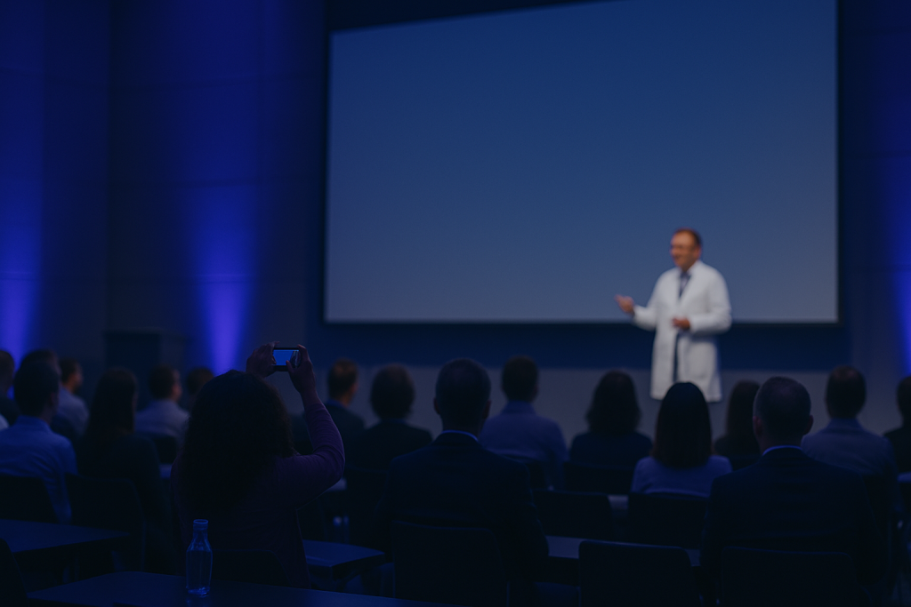 Médico dando conferencia en sala con público sentado durante un evento médico profesional